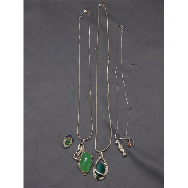Lot of 4, 3 Sterling Necklaces Green Stones, 925 Pendants, City of Winnipeg Pin