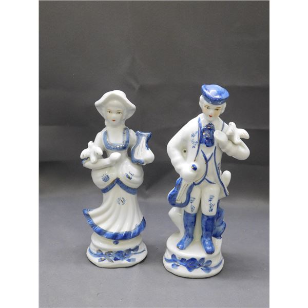 Vintage Pair of Blue and White Porcelain Boy and Lady Figurines 8"