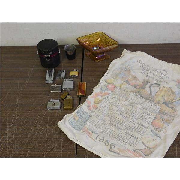 END OF THE RUN Lighters, Carnival Glass Jar, Cloth Calendar, etc