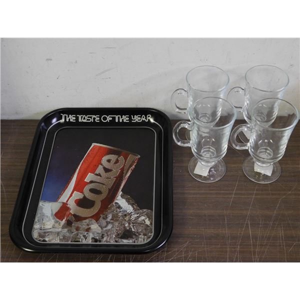 Lot of 4 Irish Coffee Glass Mugs and Coca Cola Tray