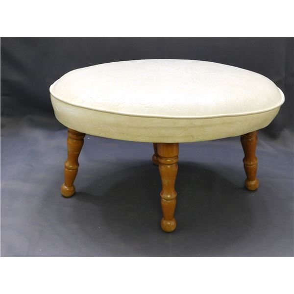 Wood and White Vinyl Upholstered Foot Stool