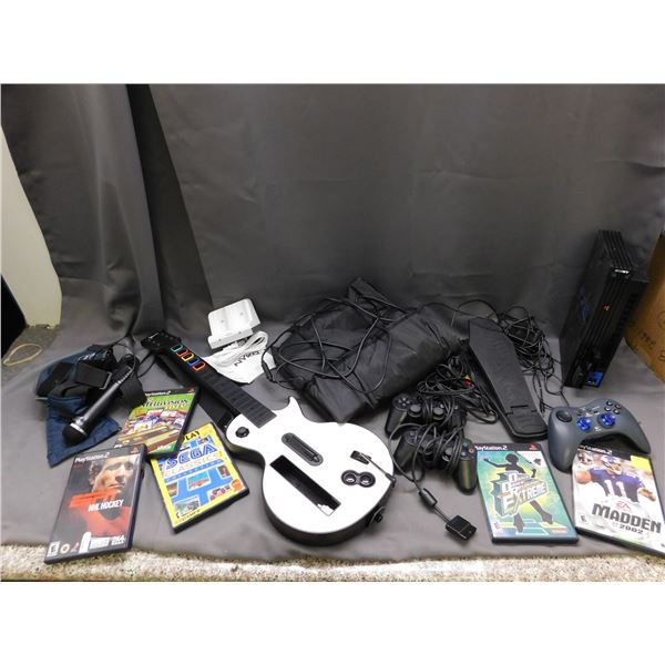 Large Lot of Gaming PS2 Fat Console, 3 Controllers, Guitar Hero Gibson, Foot Pedal, Pic, 5 Games, Et