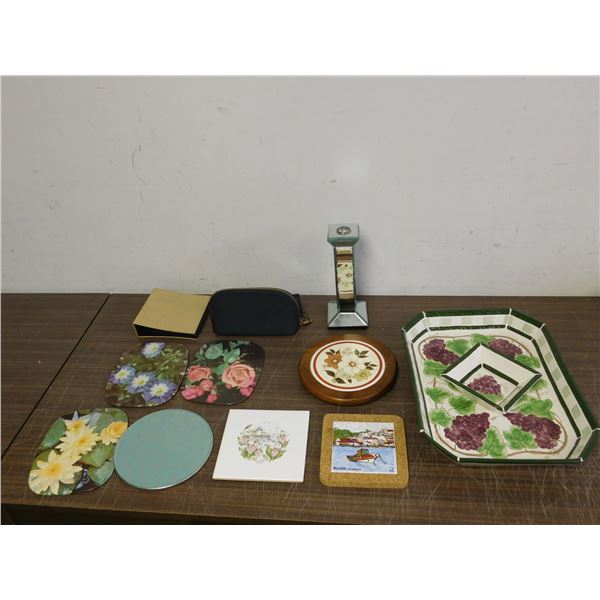 Lot of Household Ceramic Serving Tray Grapes Design, Trivet Coasters, Candlestick, Bag
