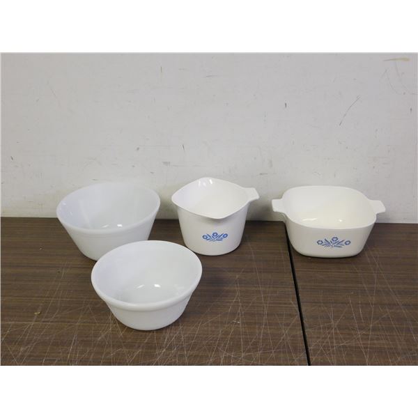 Lot of 4 Cornflower Batter Pitcher? Measuring Bowl and Square Casserole Baking Dish, Fire King Bowl