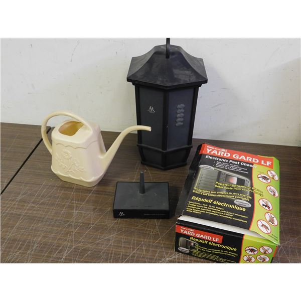 Lot of Lawn Garden Plastic Watering Can, Hanging Acoustic Research Repellent, Yard Gard LF