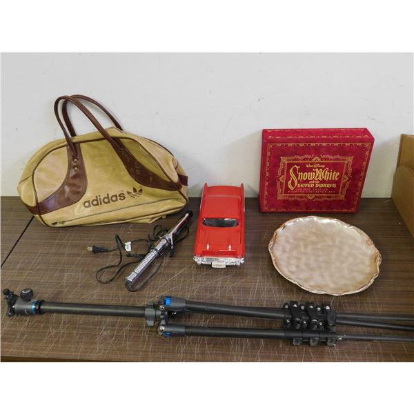 END OF THE RUN Camron Tripod, VHS Winder, Adidas Bag (as is) Metal Tray, Snow White