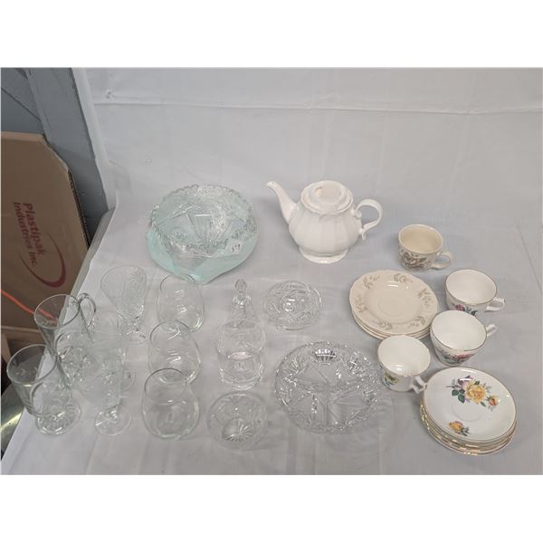 Lot of Modern Housewares Teapot Cups Saucers Crystal Stemware Etc