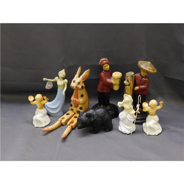 Lot of 8 Vintage Figures Wooden Rabbit, Asian Man and Woman, AVON Cologne Bottles, Bear (as is)