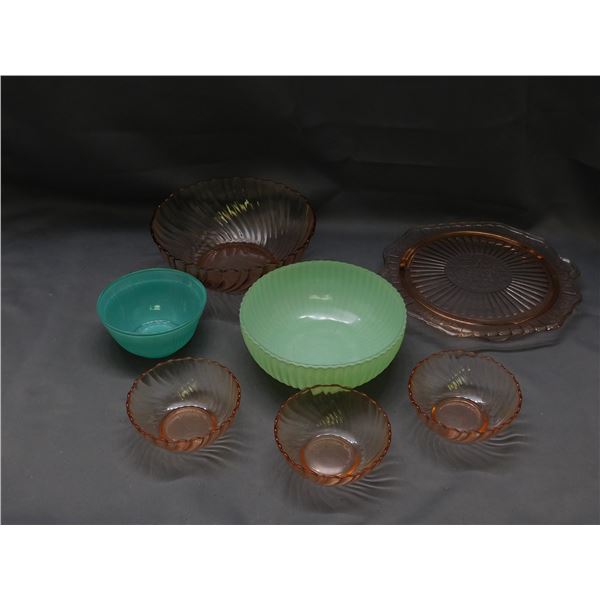 Arcoroc France Pink Glass Bowls, Pink Glass Tray, Green and Blue Vintage Glass Bowls