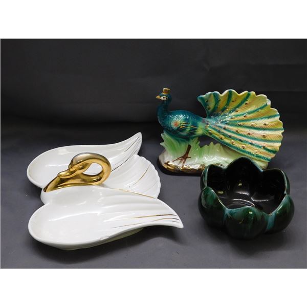 Lot of 3 Pottery / Ceramic Peacock Figurine, BMP Style Bowl, Swan Dish circa 1920s? (as is)
