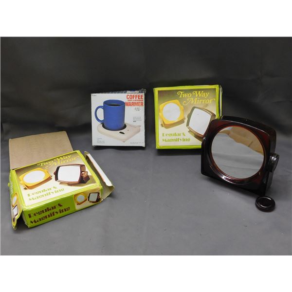 Lot of 3: Vintage Two Way Mirror Regular and Magnifying Bakelite? (as is) and Electric Mug Warmer