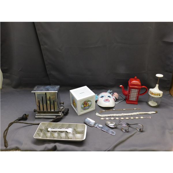 END OF THE RUN Vintage Toaster, Metal Ice Tray, Gemco Hand Slicer, Mask, Coin Bank, Necklaces etc