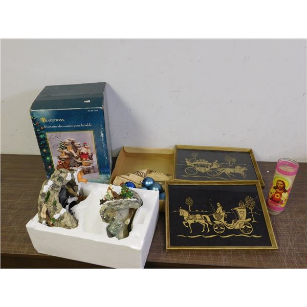 Christmas Holiday Water Fountain Decoration, Vintage Blue Glass Ornaments, Religious Candle, Art