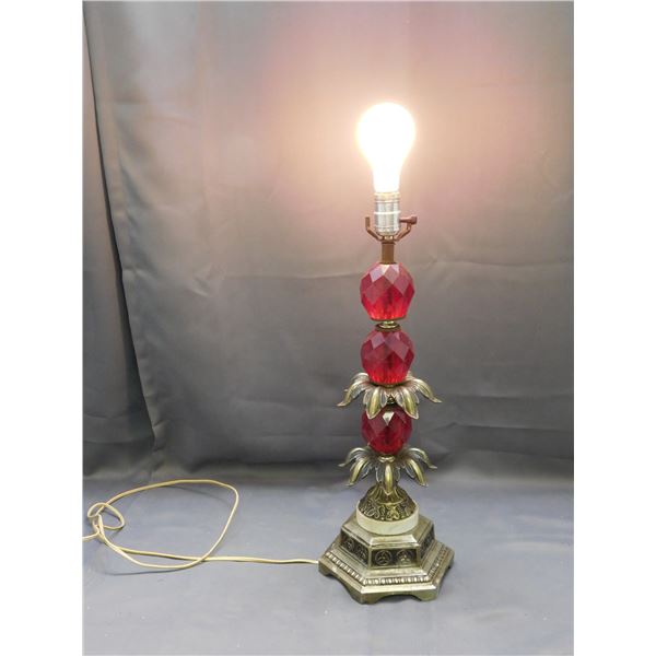 Vintage Brass and Red Colored Glass Table Lamp Ornate works