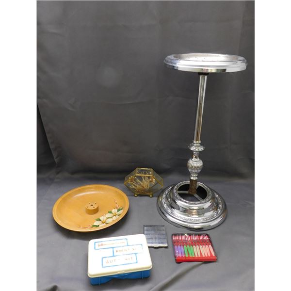 END OF THE RUN Metal Ash Tray (missing parts), Wooden Dall-Craft Bowl, Appetizer Skewers, Aid Kit