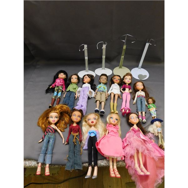 Lot of 14 Bratz Dolls Nice Condition & 4 Metal Doll Stands
