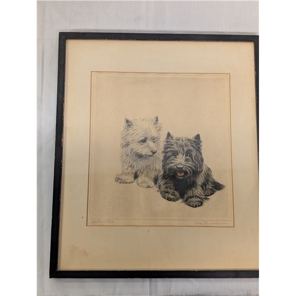 Black and White Puppy Dog Print Artist Signed circa 1950s