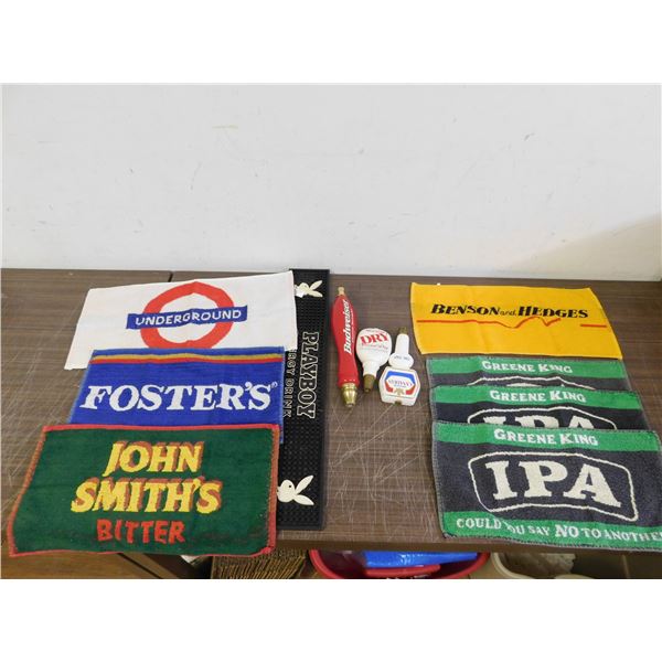 Lot of Assorted Bar Keg Pulls / Knobs, Towels, Spill Map