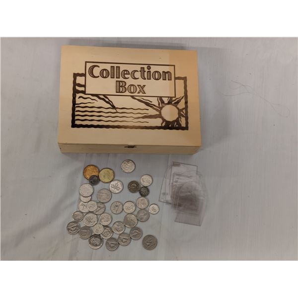 Wooden Collection Box with Modern Canada Coins and some Plastic Sleeves