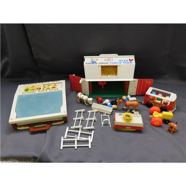 Lot of Fisher Price Family Farm, Van, Camera, School Days Desk Toys, Figures