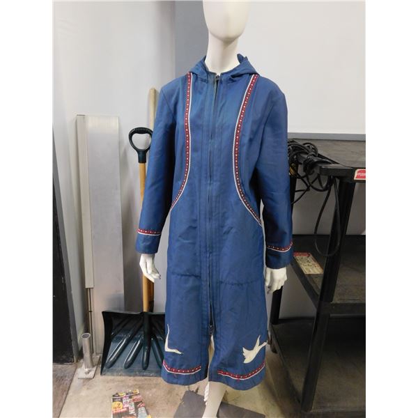 Blue Windbreaker Size 16 Jacket Trench Coat Zip-Up Indigenous Bird Pattern
