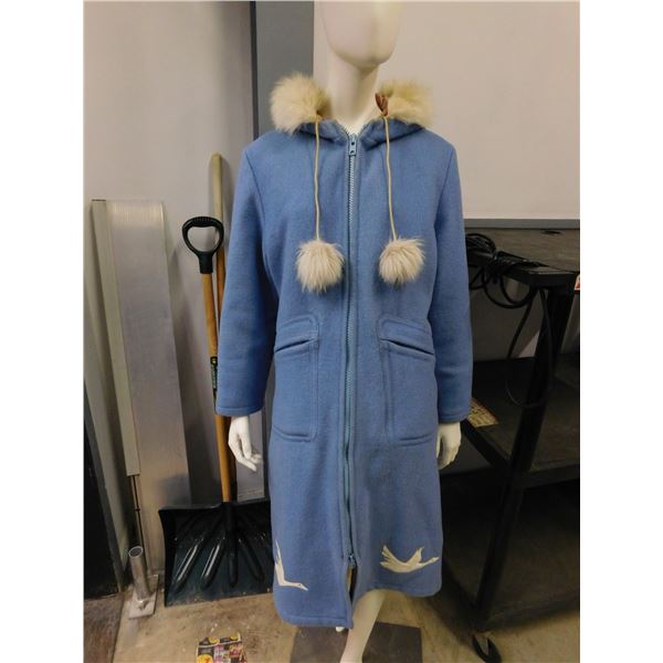 Vintage Hudson Bay Blue Wool Jacket with Fur Hood. Bird Pattern