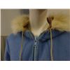 Image 3 : Vintage Hudson Bay Blue Wool Jacket with Fur Hood. Bird Pattern