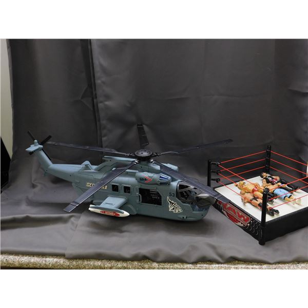 Sentinel Military Toy Helicoptor and WWE WWF Wrestling Ring and 4 Jakks / Mattel Figurines