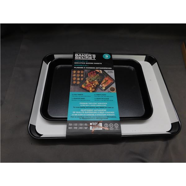 Baker's Secret 3 Piece Set of Non Stick Baking Sheets 2 Half Sheets 1 Quarter Sheet New/Return