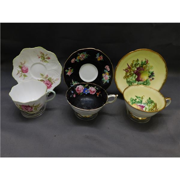 Lot of 3 Cups and Saucers Paragon White Black Roses Royal Grafton Fruit Orchard