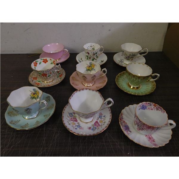 Lot of 9 Cups and Saucers Spode Copeland Royal Stafford Tuscan Queen Anne Hammersley Phoenix