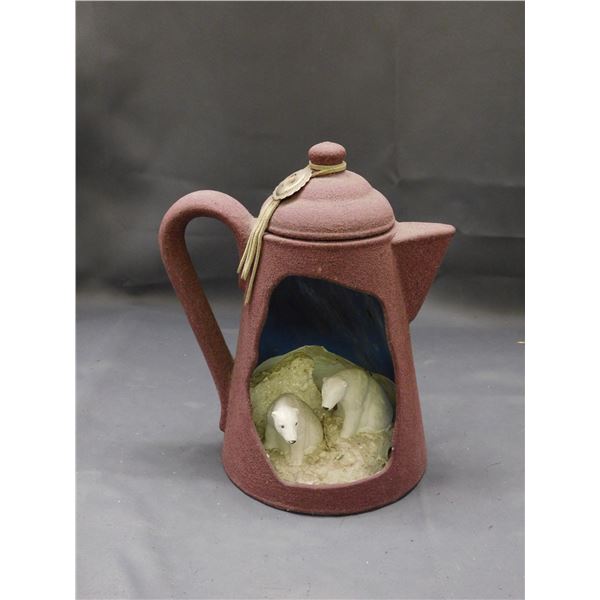 Ceramic Artwork Polar Bears inside Tea Pot Sandstone? 10"