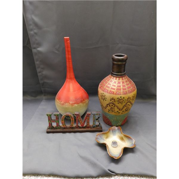Lot of 2 Ceramic Vases, Home Sense, Flower Frog Studio Pottery Dish, HOME Sign
