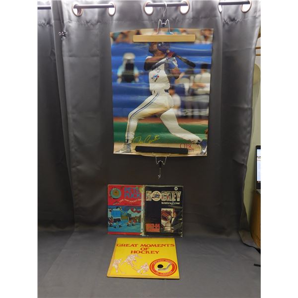 Lot of 4 Baseball Poster, 1993-94 Winnipeg Jets Yearbook, Pete Puck Kids Book, Moment of Hockey Viny