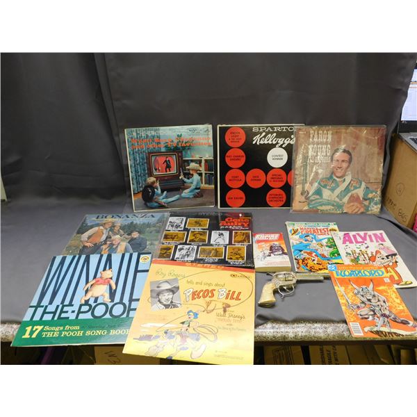 Lot of Assorted Vintage Media 3 Comics, Star Wars Paperback, Gene Autry Gun, 7 Records