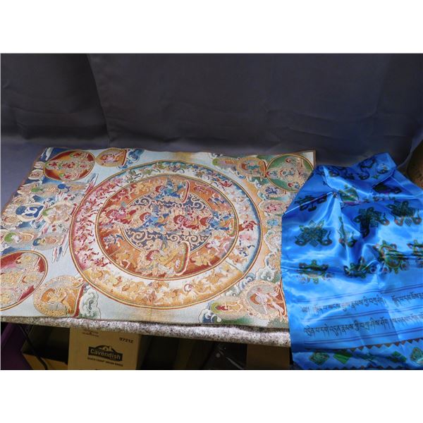 Handmade Mandala Tibetan Buddhist Tapestry Wall Hanging Fabric Artwork & Blue Silk Sash