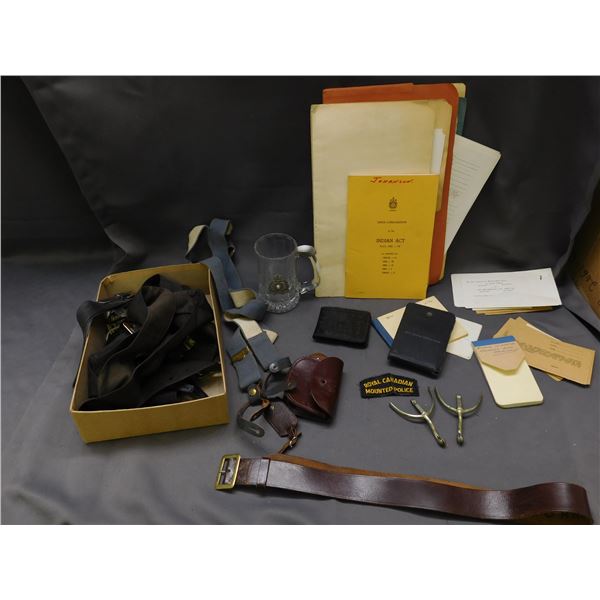 Large Lot of Vintage RCMP  Ephemera, Booklets, Badge Holder, Mug, Spurs, Leather Belts, Suspenders +