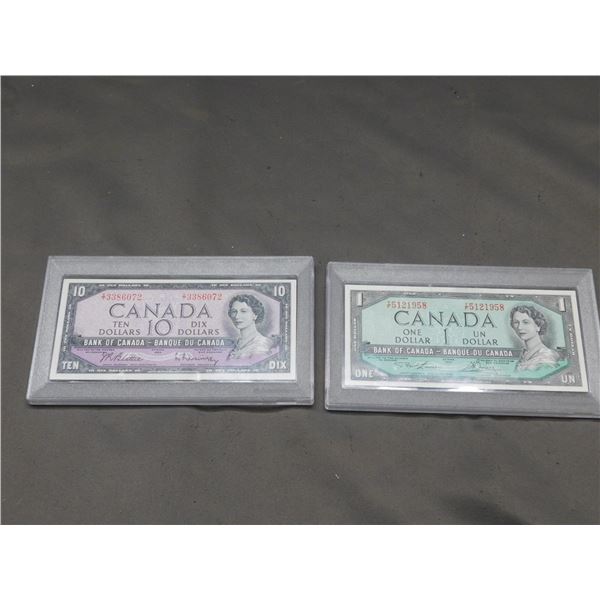 Lot of 2 Canadian Money Paper Dollar $1 and Ten Dollar $10 Bills Uncirculated