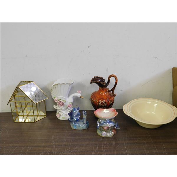 END OF THE RUN Ceramic Pitcher, Glass Display Case, Dolphin Candle Holder, Bowl, Swan