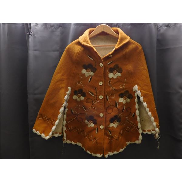 Capelet Cowl Wool Knit Embroidered Jacket with Animal Bone Button Indigenous?