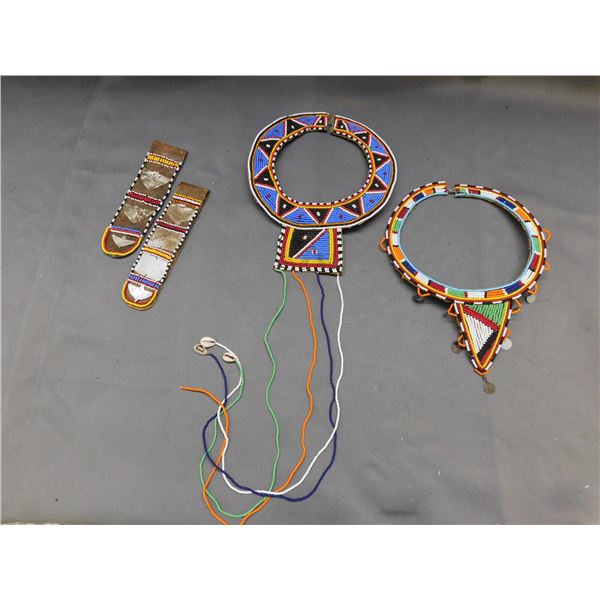 African Maasai Tribal Beaded Neck Collars Neckaces and Ear Flaps / Earrings Leather & Bead, Metal