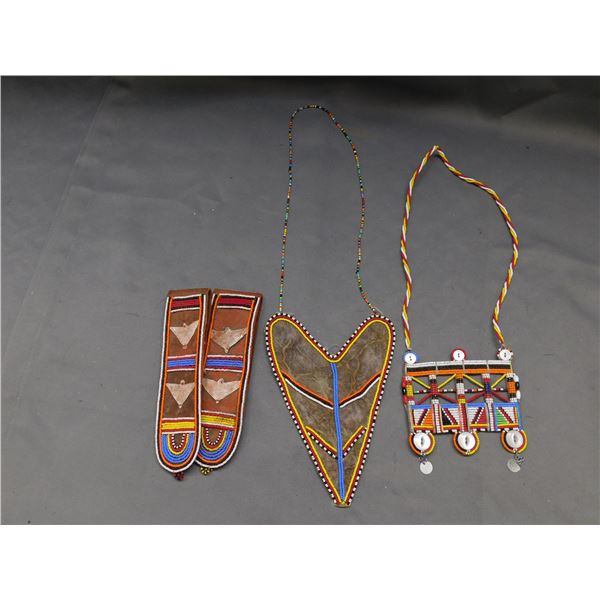 African Maasai Tribal Beaded Necklaces Pendants & Ear Flaps / Earrings, Leather & Metal