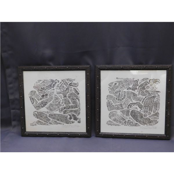 Lot of 2 Woodblock Prints Mexican Mayan Wall Art 14" x 14"