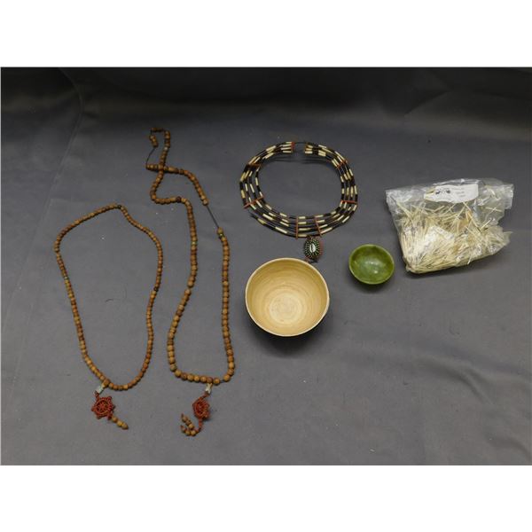 Tibetan Prayer Beads, Beaded Tribal Folk Necklace and Porcupine Needles Quills