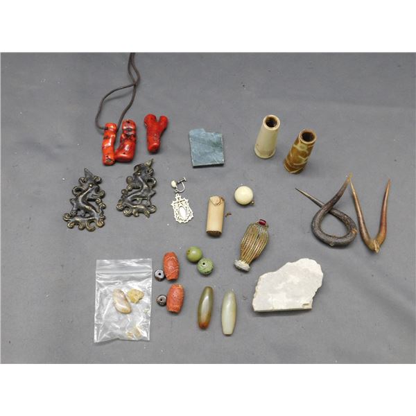 Lot of Assorted Carved Stone, Bone and Wood Beads, Charms, etc