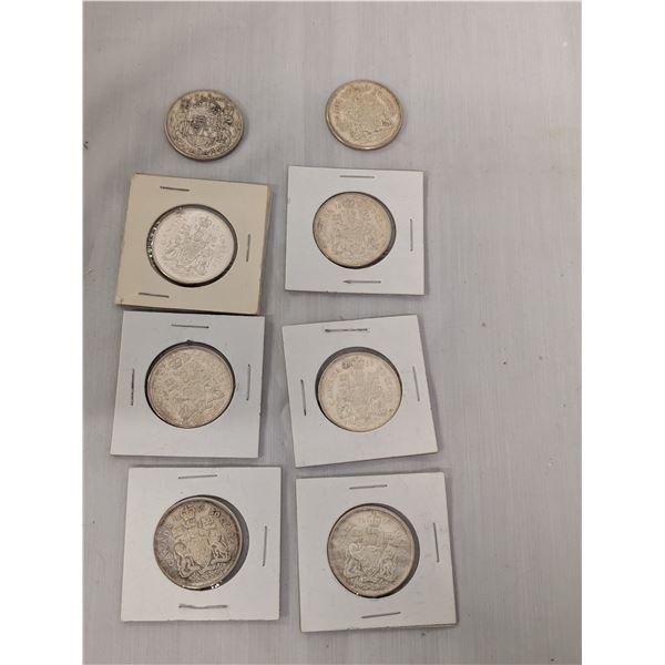 Lot of 8 Canada 50 Cents Coins Silver 1945 1963 1965 1966 x5