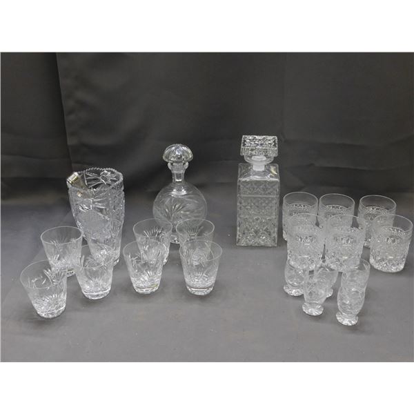 Lot of Crystal Decanter Sets with 6 Glasses Each and 1 Crystal Ice Bucket, Shot Glasses