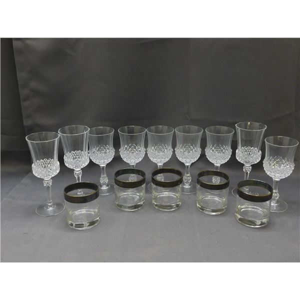 Lot of 9 Wine Glasses and 5 Silver Rim Rocks Glasses