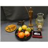Image 1 : Lot of Assorted Knick Knacks Dish, Fake Fruit, Juice Pitcher, Wooden & Cast Iron Figures, Torch Ligh