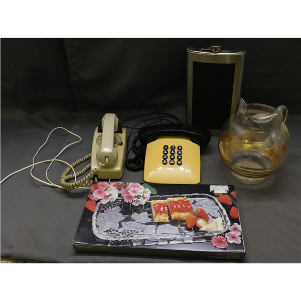 Lot of 2 Vintage Touch Tone Phones, Oversized Flask, Pitcher, Crystal Tray